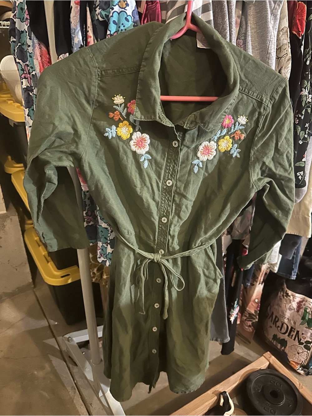 Olive Green Embroidered button front with belt long  Dress